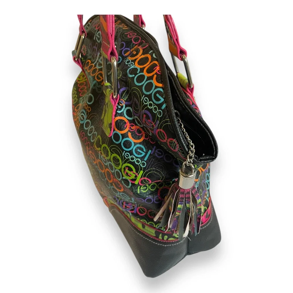 COOGI Black Multi Color Logo Print Hobo Bag Y2K Tassel Satchel Purse